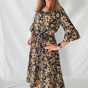 Natalie Martin Black and Gold Floral Midi Dress
